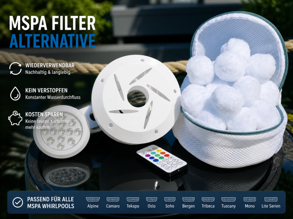MSpa Filter Alternative von Racoonworks im Outdoor Einsatz – wiederverwendbarer Whirlpool Filter mit Filterbällen und optionaler LED Beleuchtung zum nächrüsten
