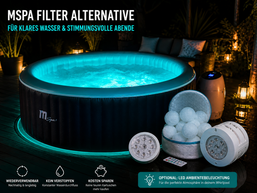 MSpa Whirlpool bei Nacht mit LED Licht im Wasser – wiederverwendbarer Filter mit Ambientebeleuchtung